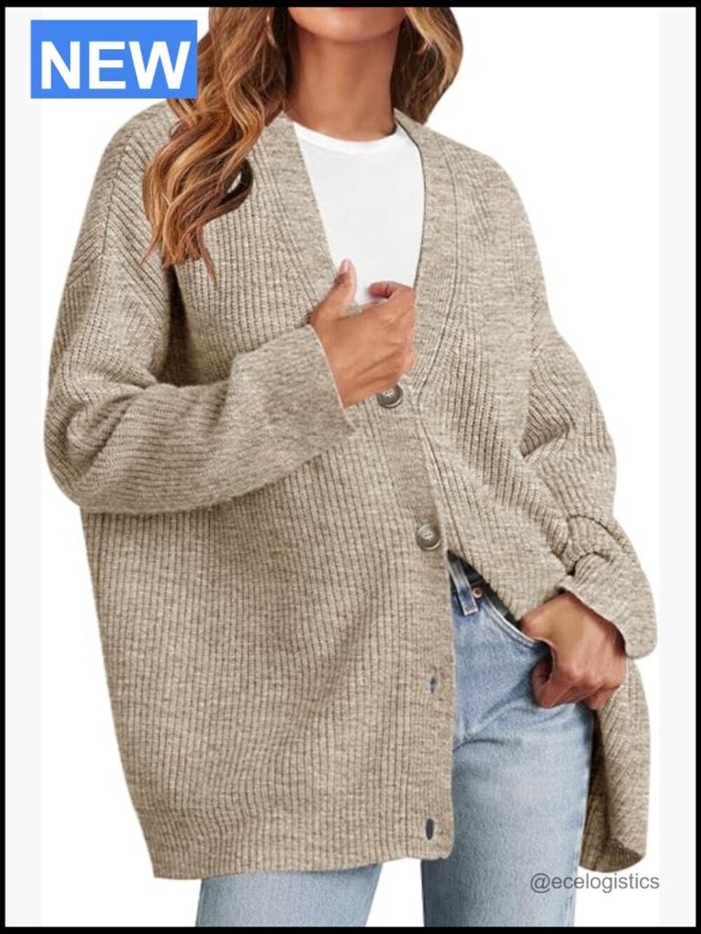 Oversized V-Neck Cardigan Sweater with Buttons Long Sleeve Knit